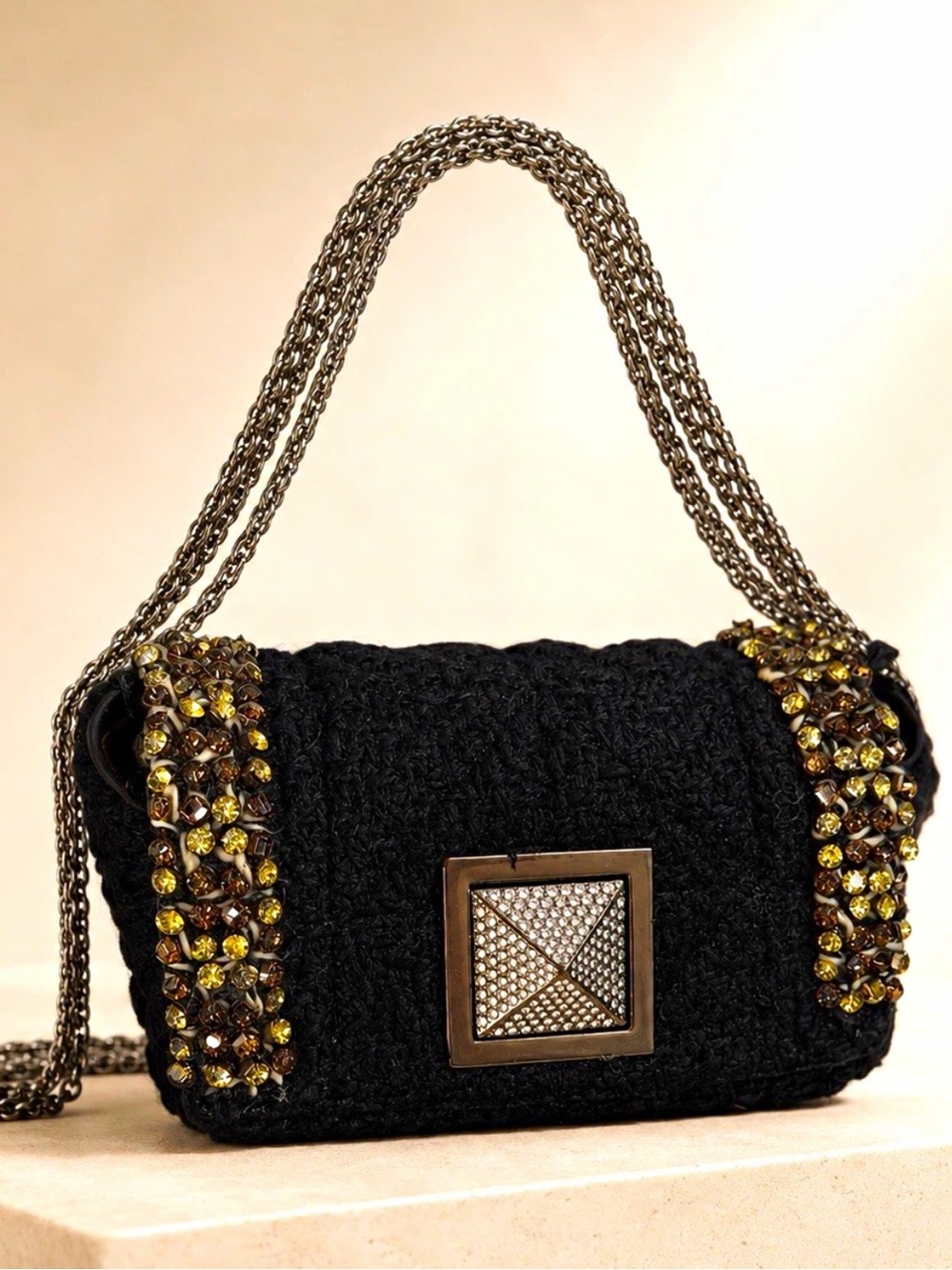 Sonia Rykiel Black Quilted Crossbody with Crystal-Trim